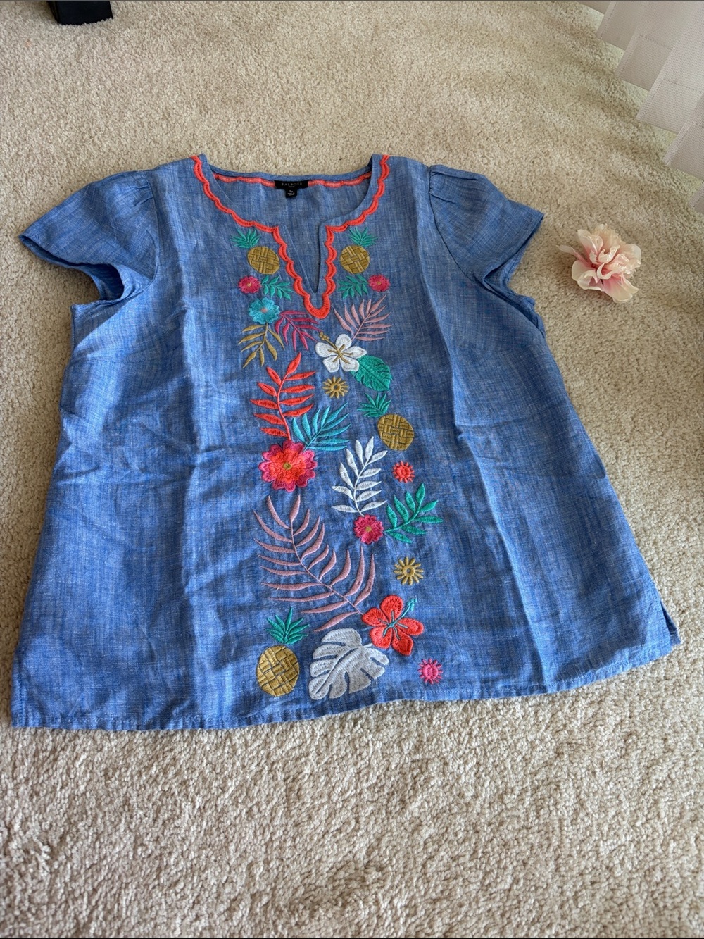 Talbots Blue Chambray Top with Bright Tropical Embroidery